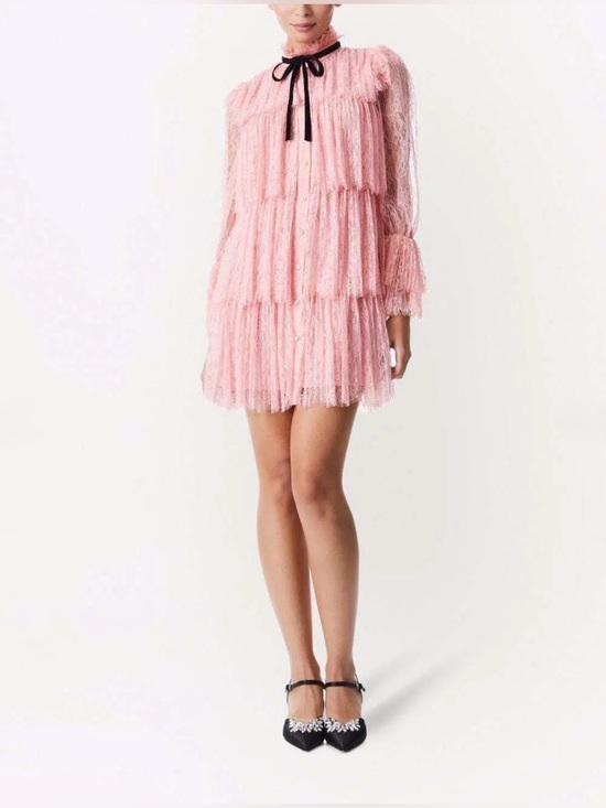 Alice + Olivia Dresses & Skirts - Alice + Olivia Sheer Tiered Lace Mini Dress in Blush Pink with Black Velvet Bow